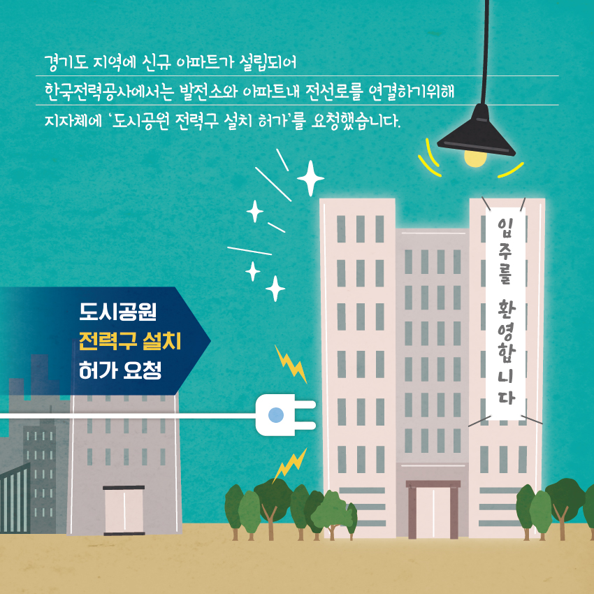 경기도 지역에 신규 아파트가 설립되어 한국전력공사에서는 발전소와 아파트내 전선로를 연결하기위해 지자체에 도시공원 전력구 설치허가를 요청했습니다. 도시공원 전력구 설치 허가 요청 입주를 환영합니다