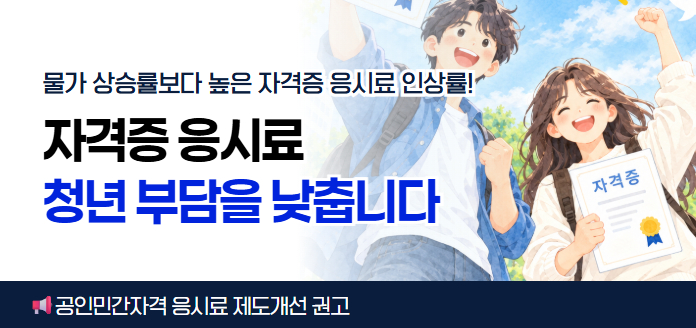 물가 상승률보다 높은 자격증 응시료 인상률! 자격증 응시료 청년 부담을 낮춥니다. 공인민간자격 응시료 제도개선 권고
