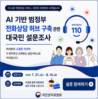 더 나은 전화상담 서비스,국민의 의견에서 시작됩니다.AI 기반 범정부 전화상담 허브 구축 관련 대국민 설문조사여러분의 소중한 의견이 더 편리하고 신뢰받는 상담서비스로 이어집니다.정부민원안내 110설문기간 2026. 7. 31.(금)~8. 14.(금)참여혜택 추첨을 통해 100분께 음료 쿠폰을 드립니다.설문 참여하기국민권익위원회